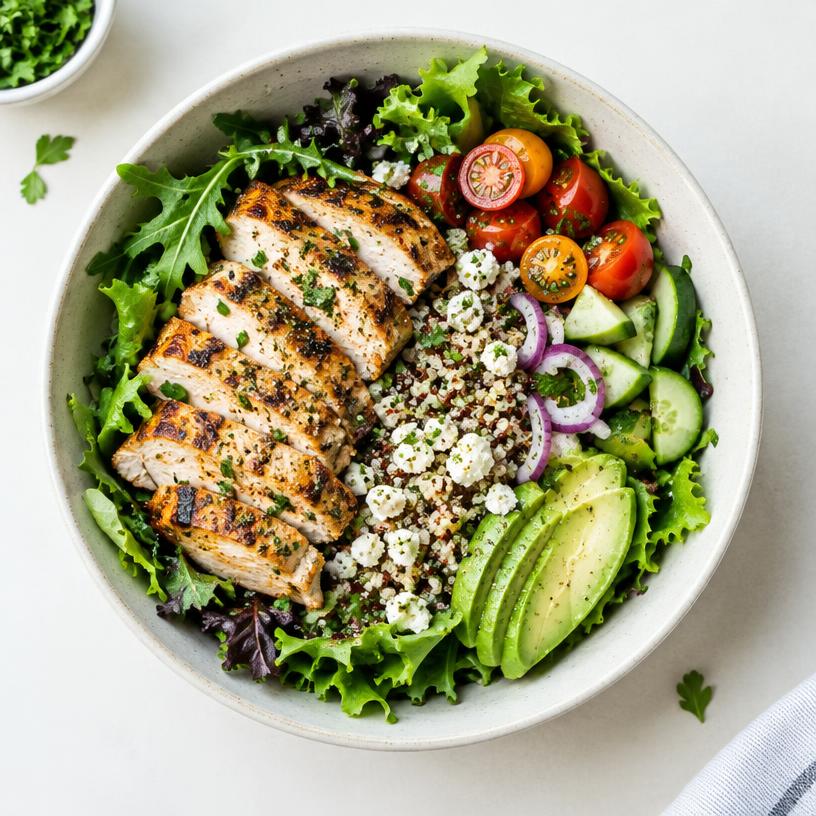 Prato com frango, quinoa e salada